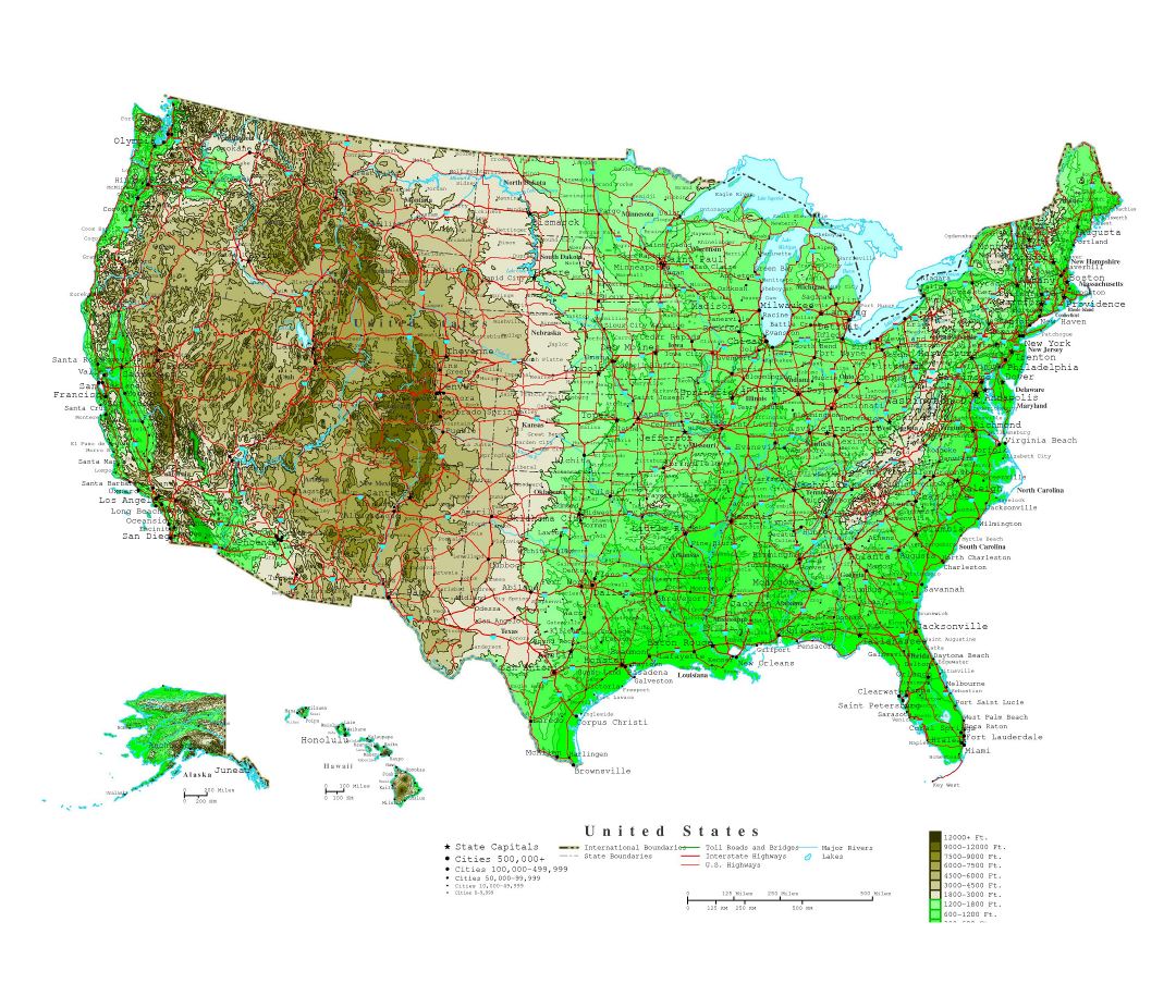 Большая подробная карта высот Соединенных Штатов Америки с дорогами и городами